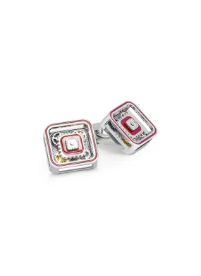 -----------TATEOSSIAN  ---- ------------ ----PALLADIUM PLATED BASE RED HANDPAINTED ENAMEL DETAILING SQUARE GEAR CUFFLINK --