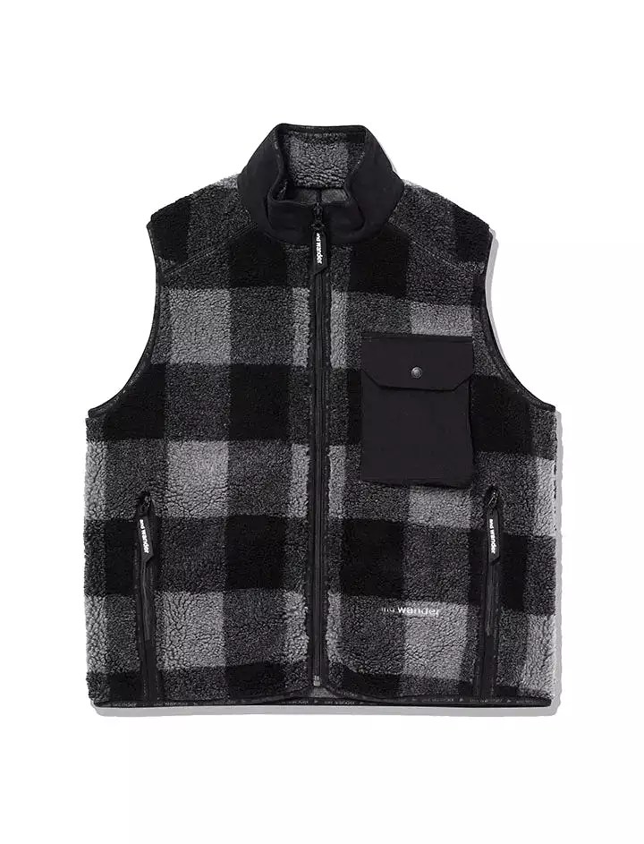 And Wander Womens Check Boa Vest Grey