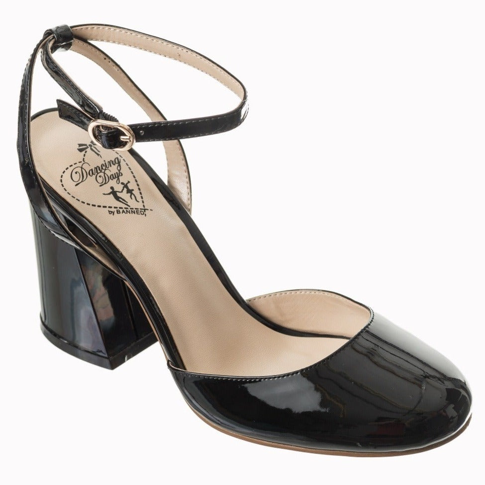 Black 60s Flare Block Heel Court Shoes