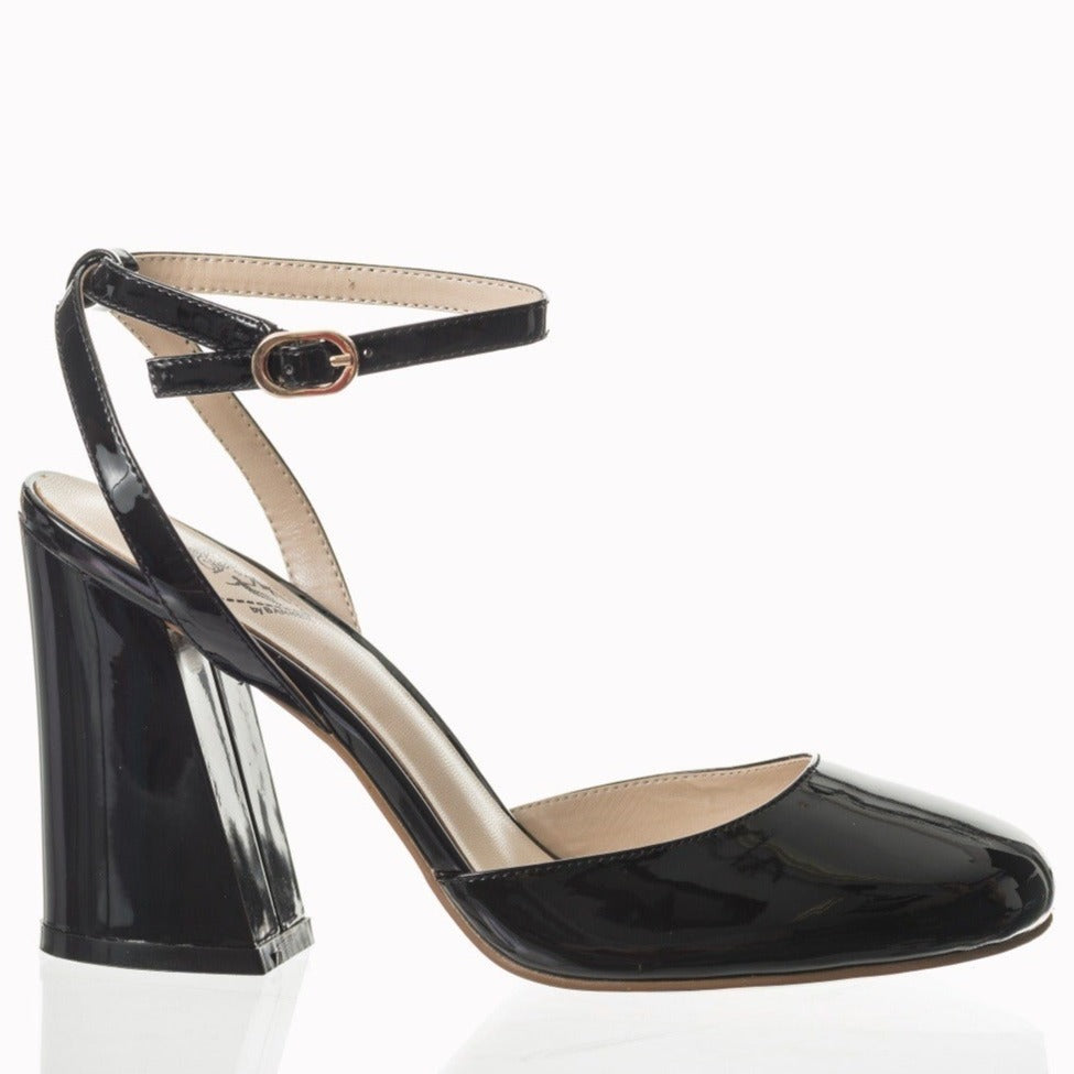 Black 60s Flare Block Heel Court Shoes