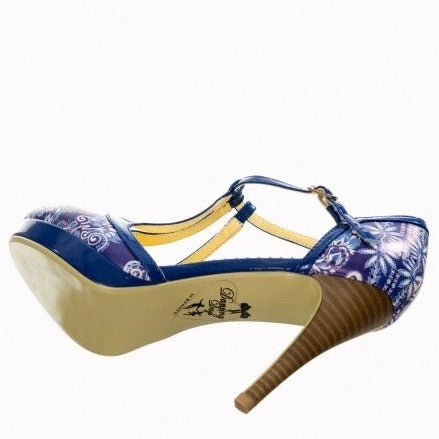 Blue Floral Retro Print T-Strap High Heels