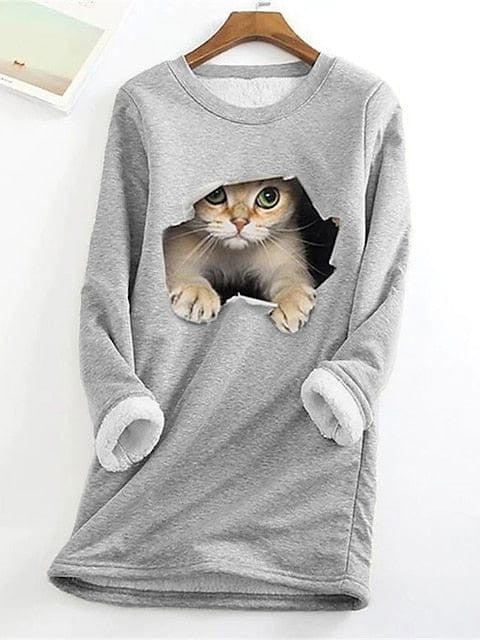 Cozy Plus Size Cat Street Casual Sweatshirt with Teddy Sherpa Fleece