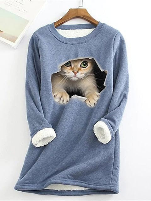 Cozy Plus Size Cat Street Casual Sweatshirt with Teddy Sherpa Fleece