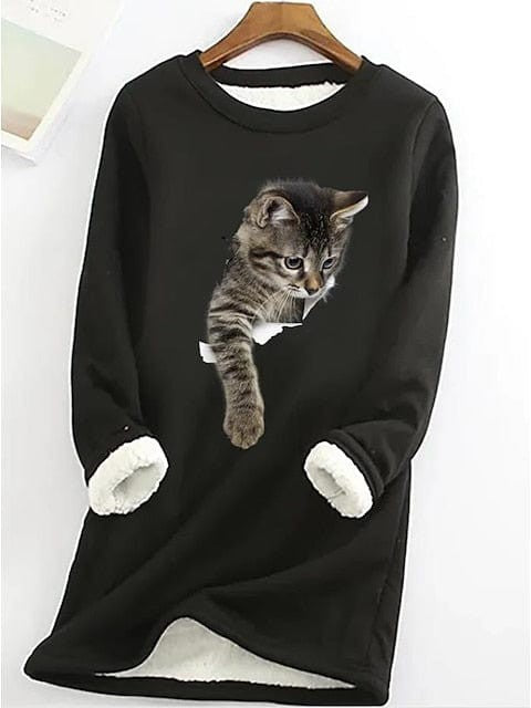 Cozy Plus Size Cat Street Casual Sweatshirt with Teddy Sherpa Fleece