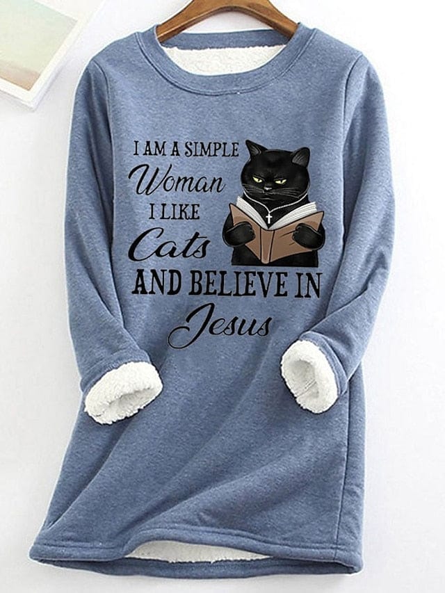 Cozy Sherpa Fleece Lined Women's Cat Letter Sweatshirt