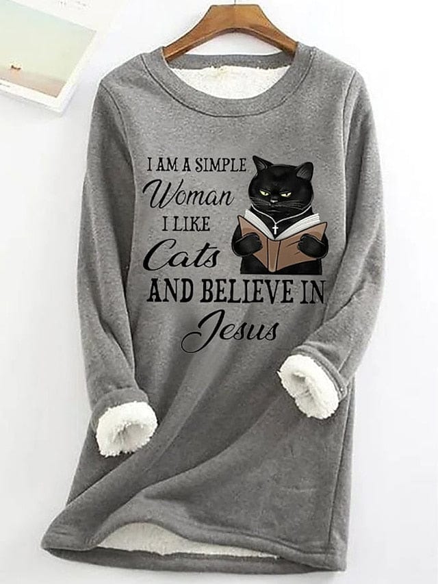 Cozy Sherpa Fleece Lined Women's Cat Letter Sweatshirt