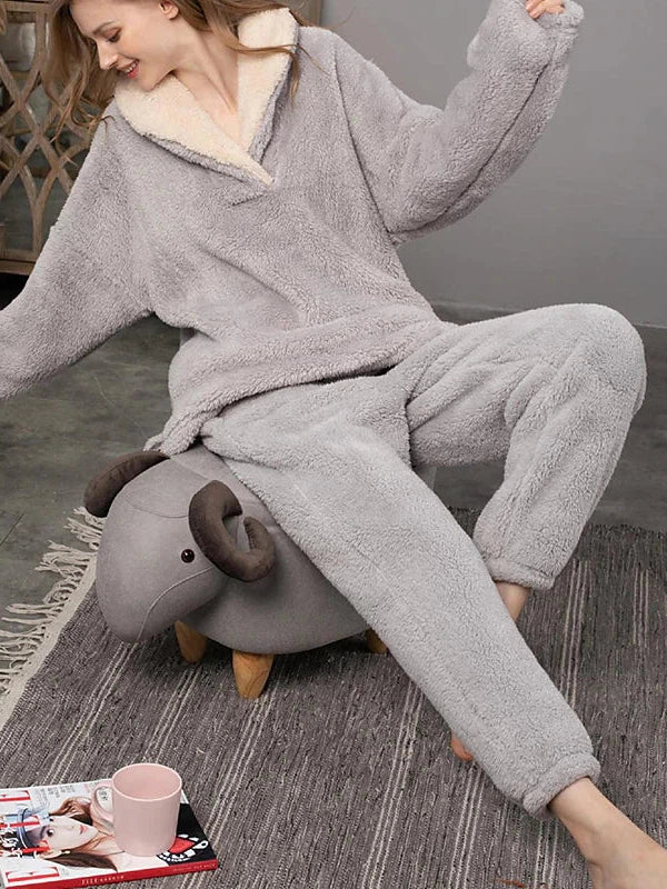 Cozy Women's Plush Fleece Pajama Sets in Gray, Purple & Lace-Up Options