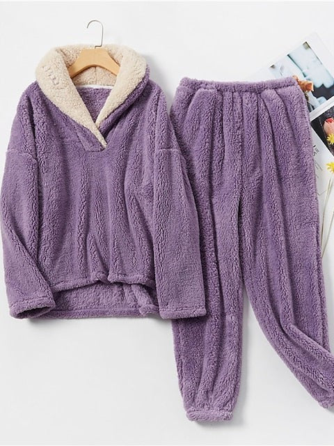 Cozy Women's Plush Fleece Pajama Sets in Gray, Purple & Lace-Up Options