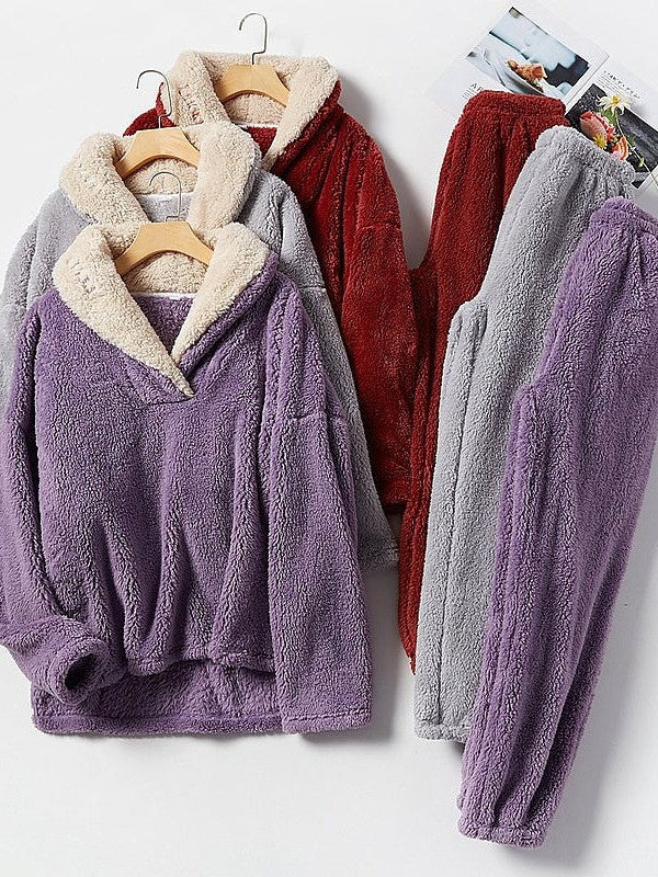 Cozy Women's Plush Fleece Pajama Sets in Gray, Purple & Lace-Up Options