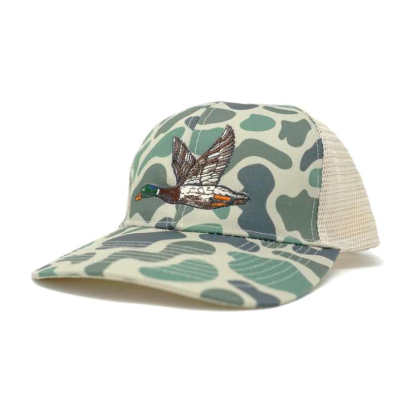 Embroidered Mallard Snapback Camo Hunting Hat - Old School Camo Marsh/Sand