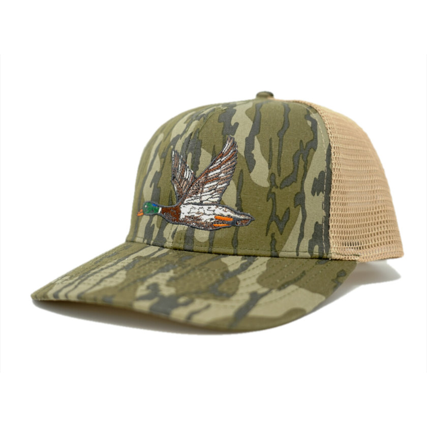 Embroidered Mallard Snapback Camo Hunting Hat - Old School Camo Marsh/Sand