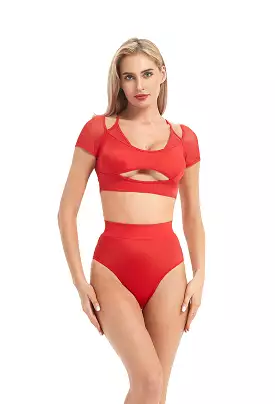 Hamade Activewear Mesh Hollow Front Crop Top - Red