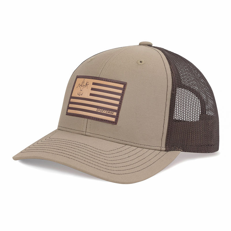 Leather American Flag Snapback Fishing Hat - Khaki/Coffee