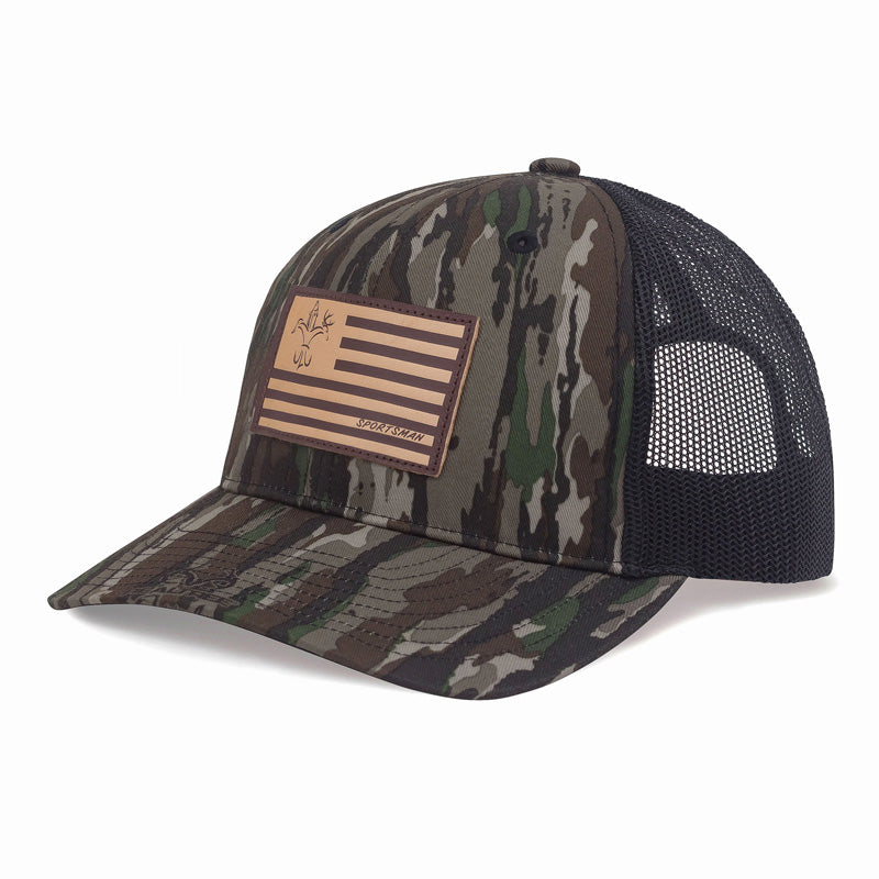 Leather American Flag Snapback Fishing Hat - Khaki/Coffee