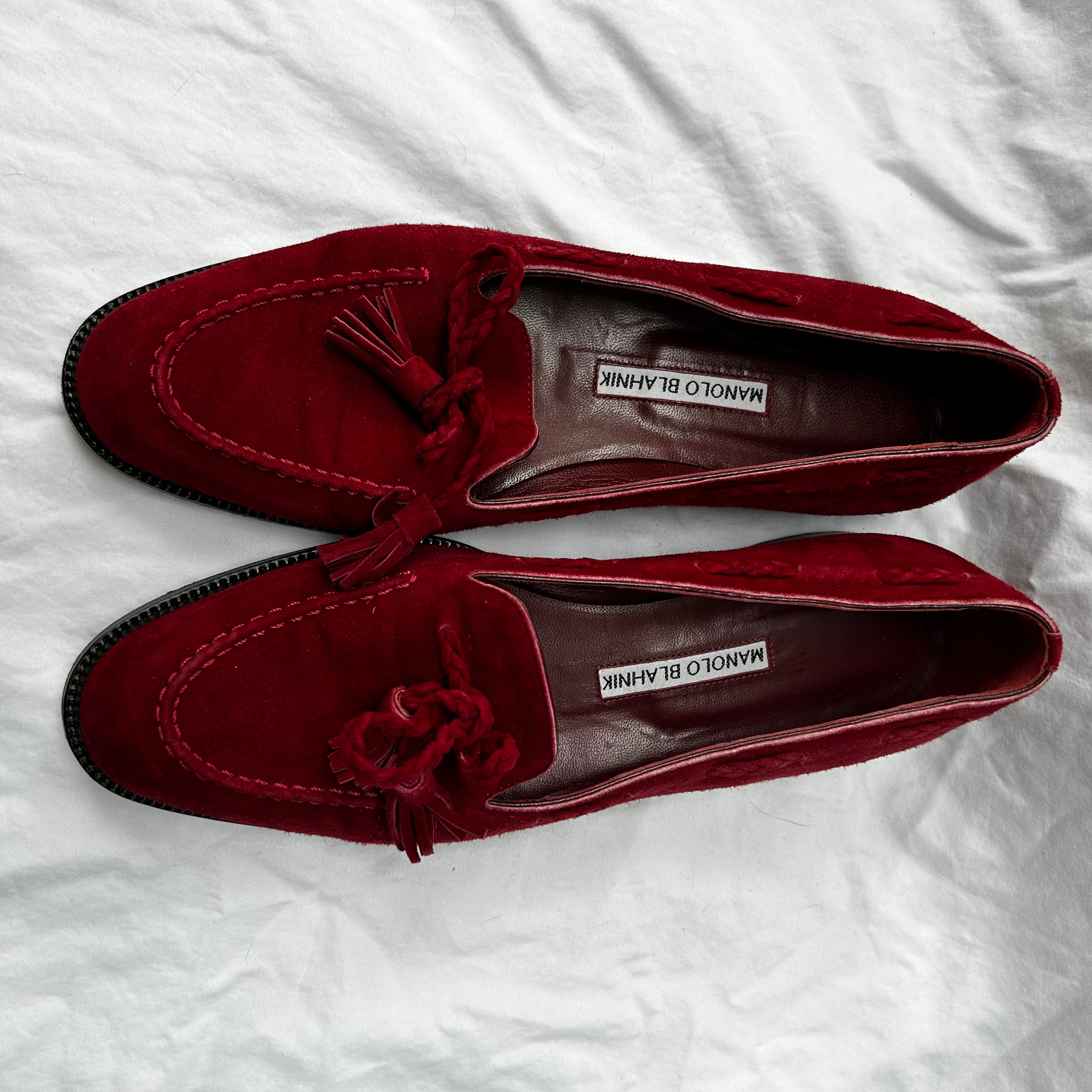 Manolo Blahnik Cranberry Suede Tassel Loafers 39