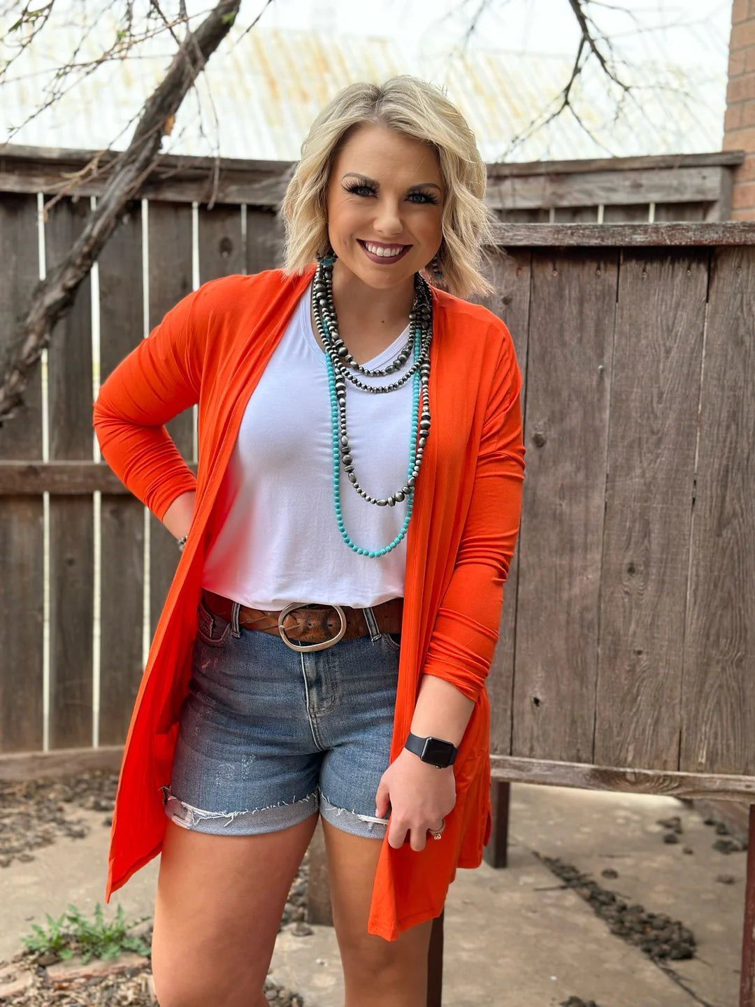 Orange Solid Mid-Length Cardigan