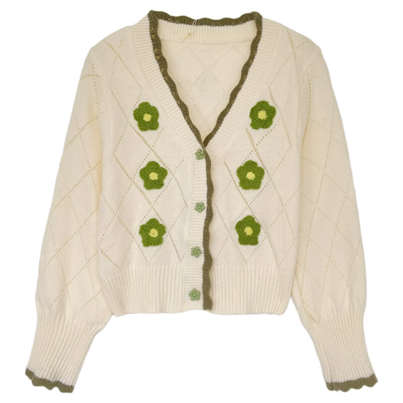 Sweet lace V-neck floral embroidery short knit cardigan BY5011