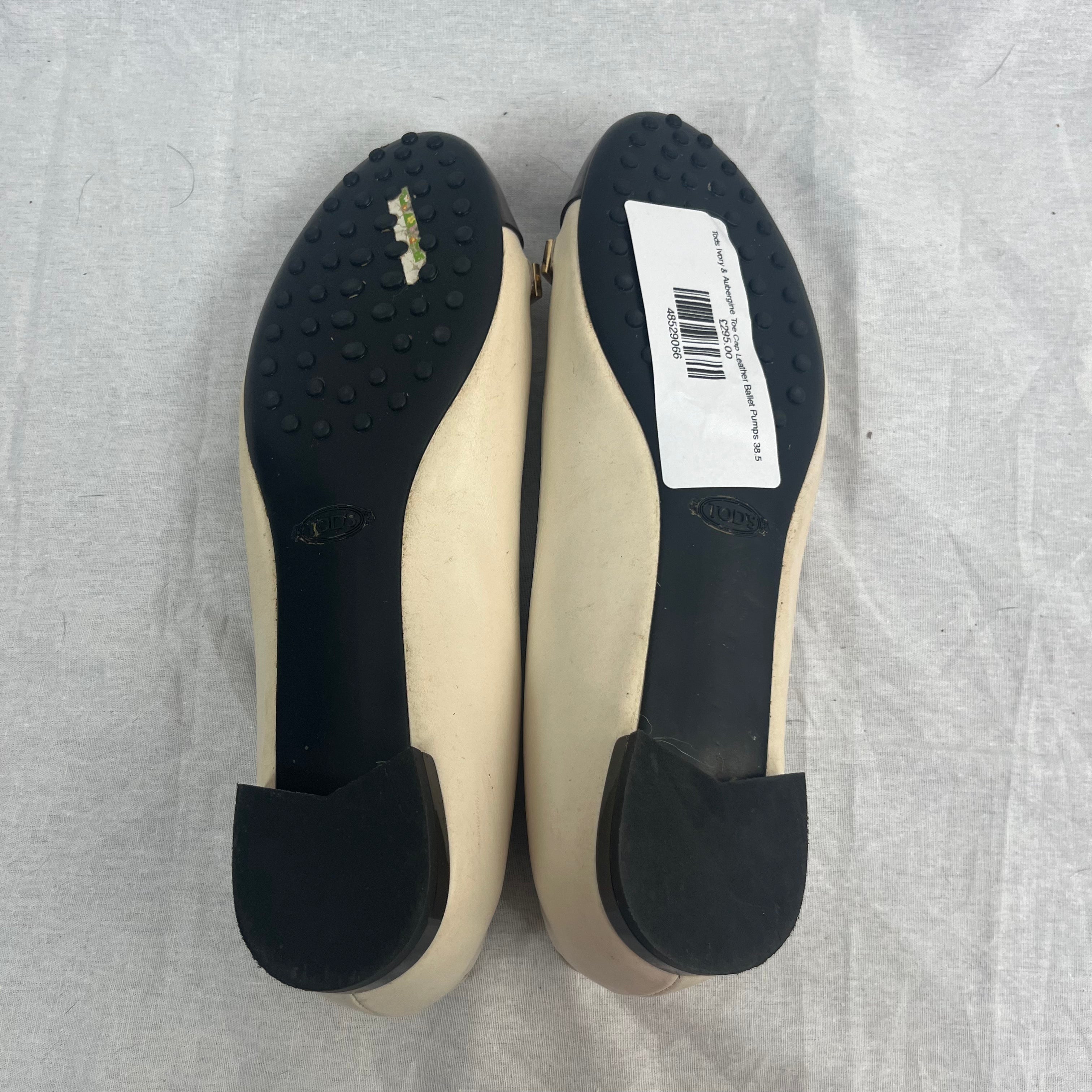 Tods Ivory & Aubergine Toe Cap Leather Ballet Pumps 38.5