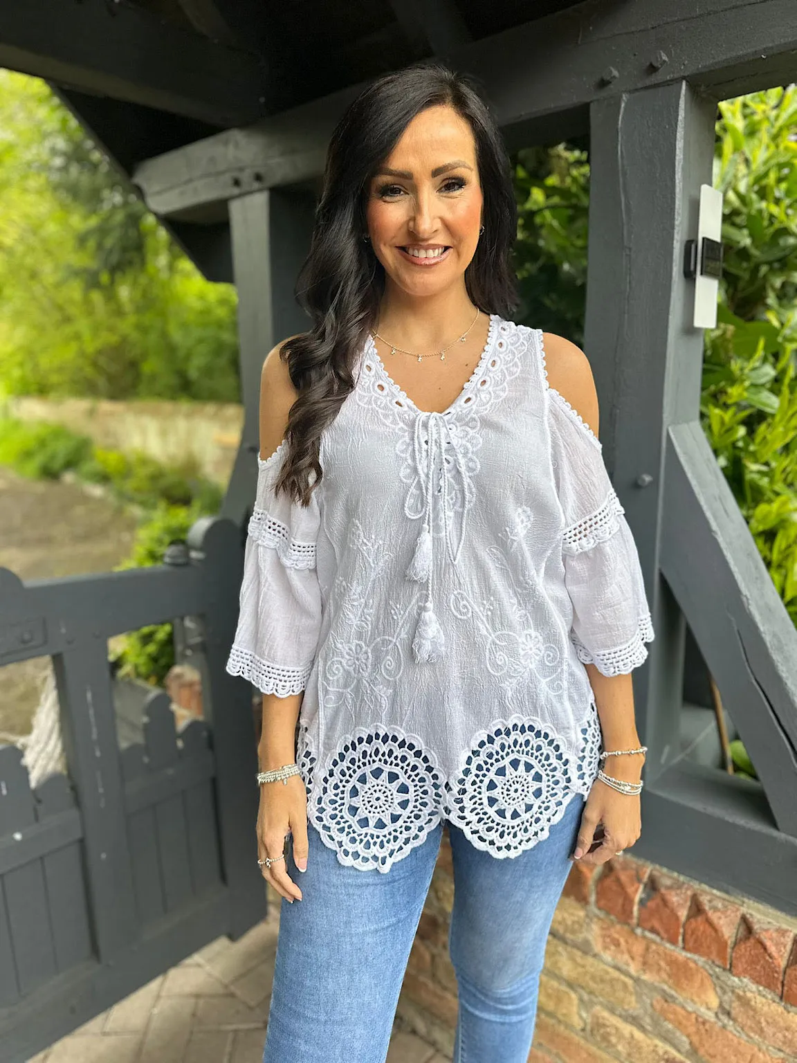 White Cold Shoulder Crochet Hem Top Ellis