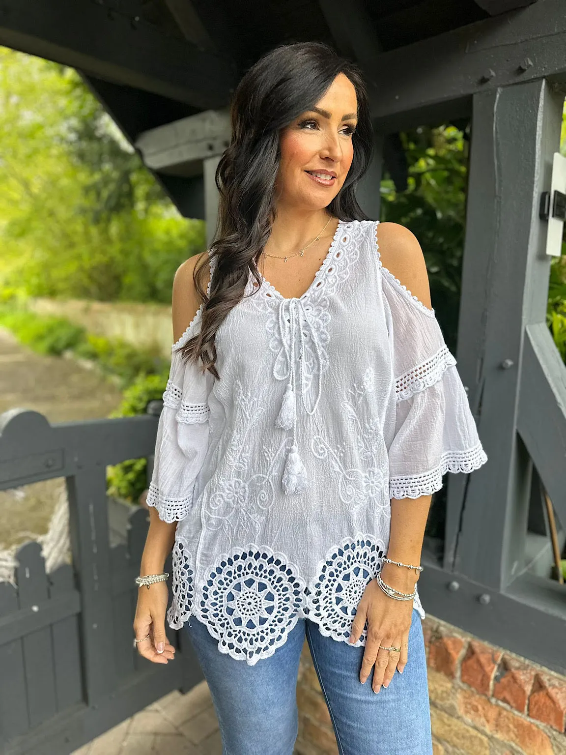 White Cold Shoulder Crochet Hem Top Ellis