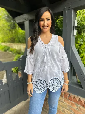 White Cold Shoulder Crochet Hem Top Ellis