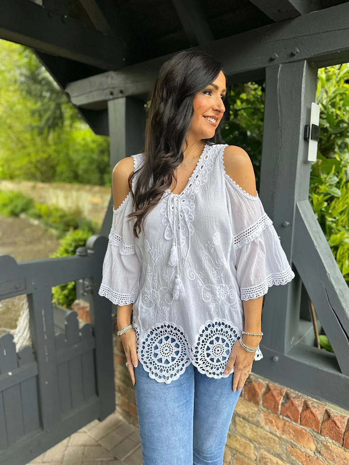 White Cold Shoulder Crochet Hem Top Ellis