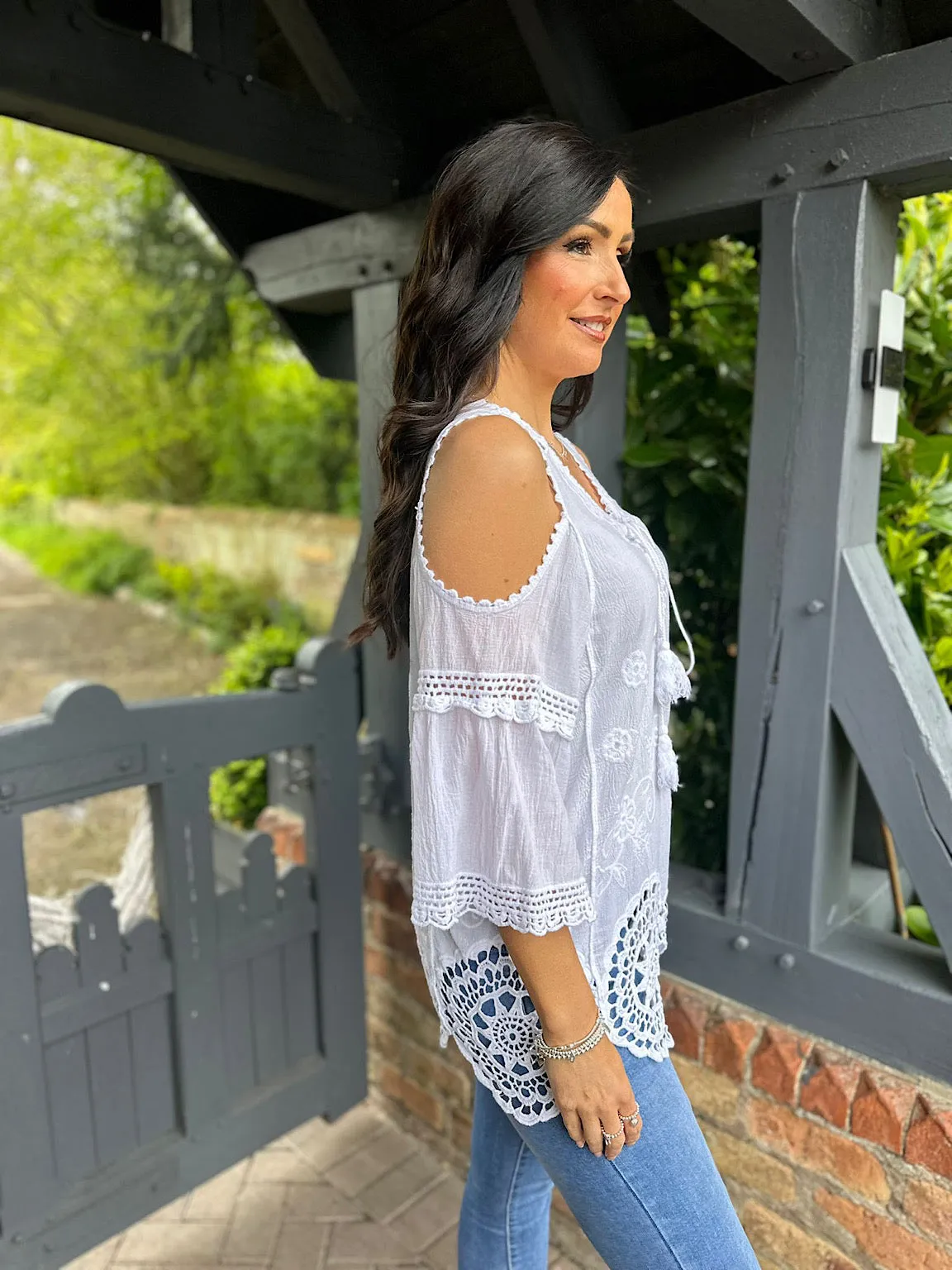 White Cold Shoulder Crochet Hem Top Ellis