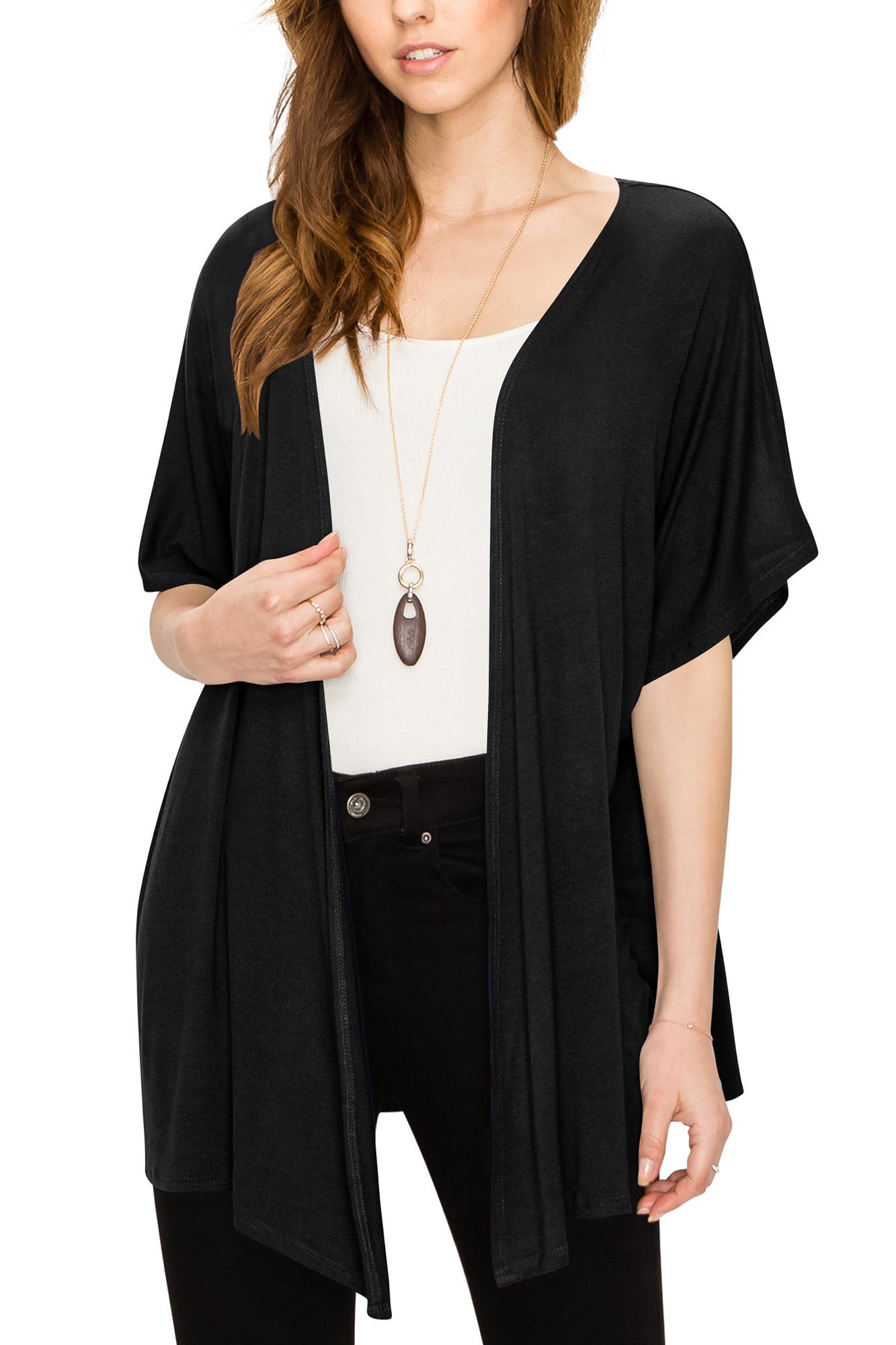 Womens Short Sleeve Open Front Loose Kimono Style Cardigan